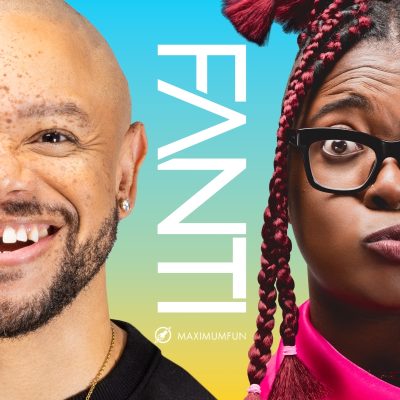 FANTI cover art. A closeup of a smiling jarrett hill on the left and a quizzical Tre'vell Anderson on the right. The word FANTI vertically down the middle on a cyan-yellow gradient background.