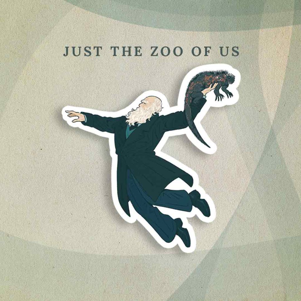 Just the Zoo of Us: An illustration of Charles Darwin throwing a marine iguana like a basketball player about to make a slam dunk.