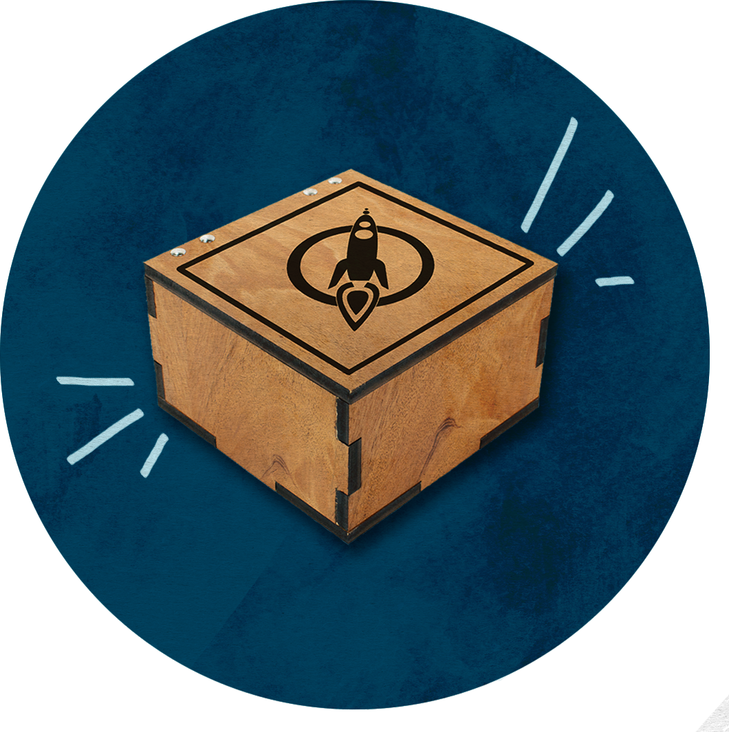 A square wooden box with the MaxFun Rocket Logo etched on top.