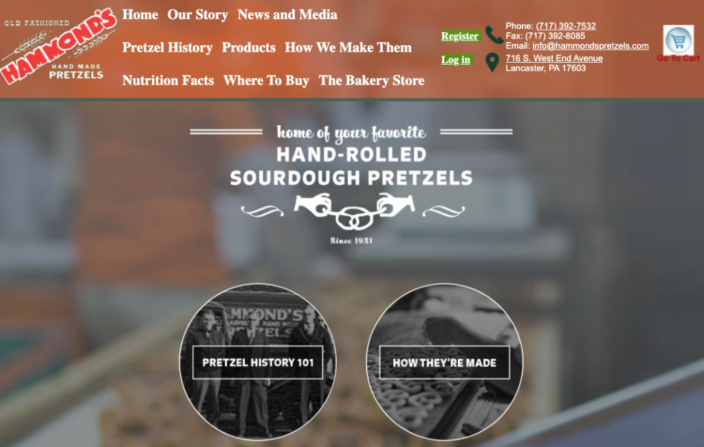 a screenshot of a website for Hammonds Old Fashioned Handmade Pretzels
